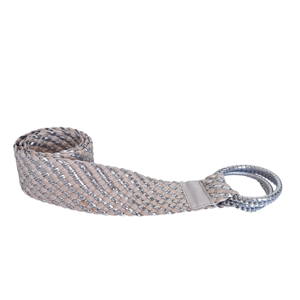 Boho Womens Woven O-Ring Belt OS Silver Cream Braided Metallic Waist Cinch